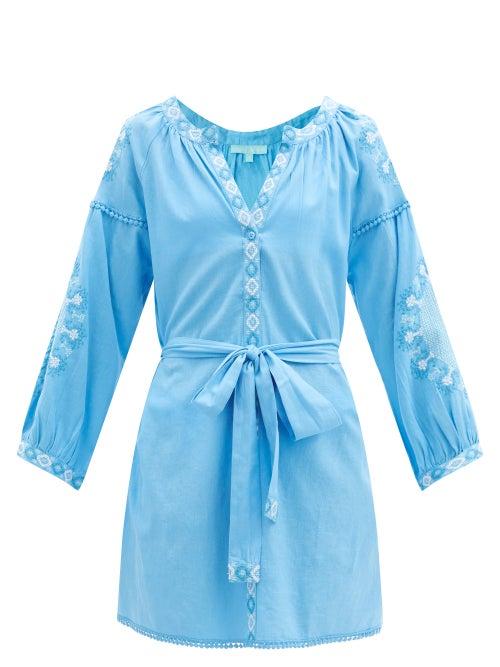 Matchesfashion.com Melissa Odabash - Cathy Embroidered Belted Cotton-blend Dress - Womens - Blue