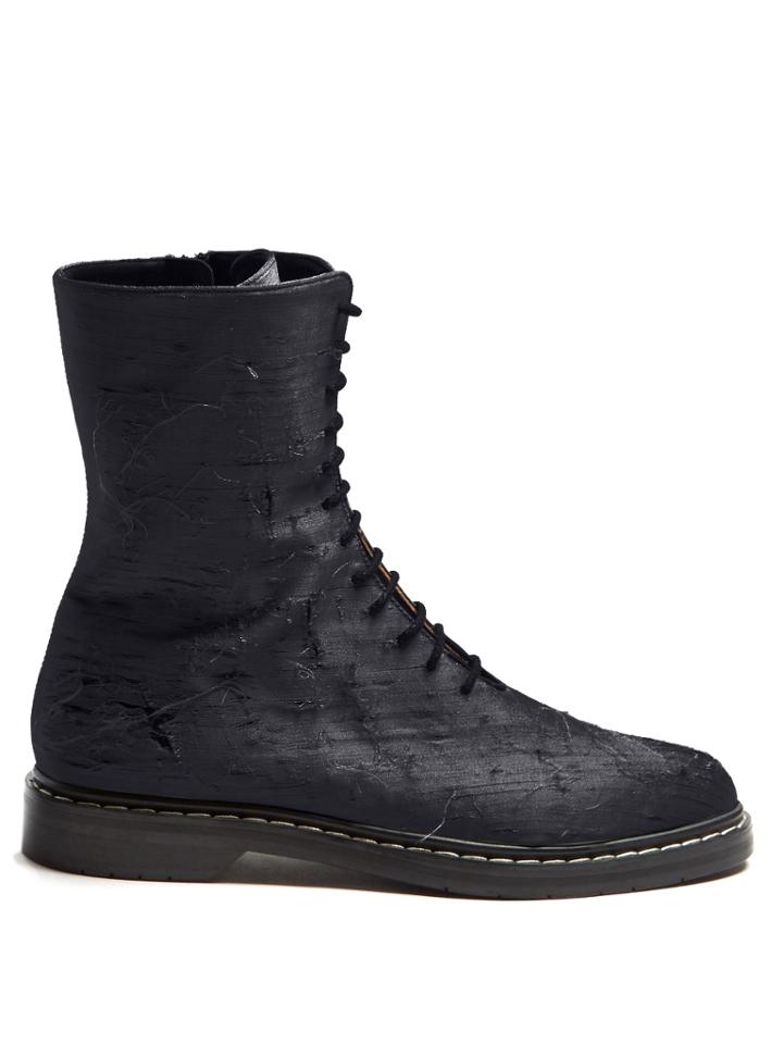 The Row Fara Lace-up Distressed-satin Ankle Boots