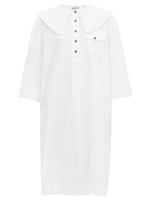 Matchesfashion.com Ganni - Ruffled-collar Poplin Shirt Dress - Womens - White