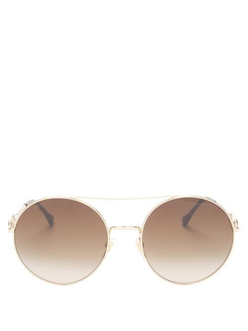 Matchesfashion.com Gucci - Horsebit Aviator Metal Sunglasses - Womens - Gold Multi