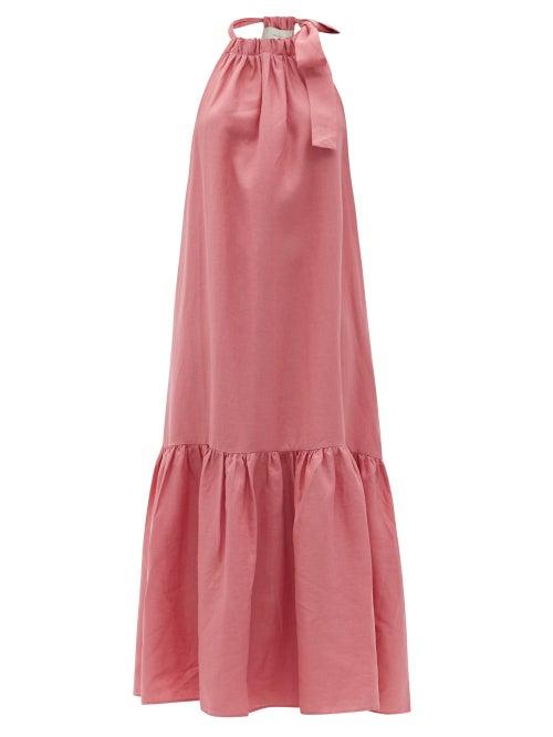 Matchesfashion.com Asceno - Ibiza Tie-halterneck Linen Maxi Dress - Womens - Dusty Pink