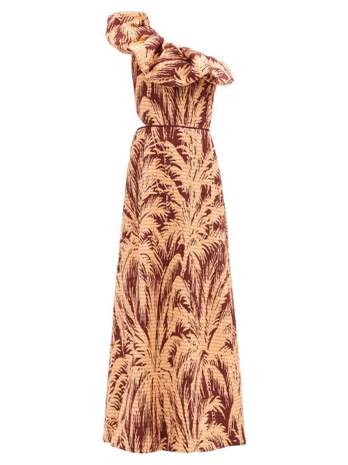 Matchesfashion.com Johanna Ortiz - Quiet Corners One-shoulder Cotton-blend Gown - Womens - Beige Print