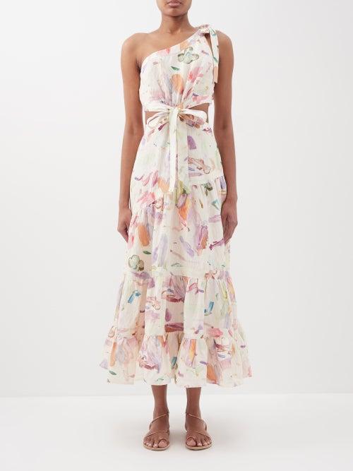 Ale Mais - Annie Printed One-shoulder Silk-blend Dress - Womens - Ivory Multi