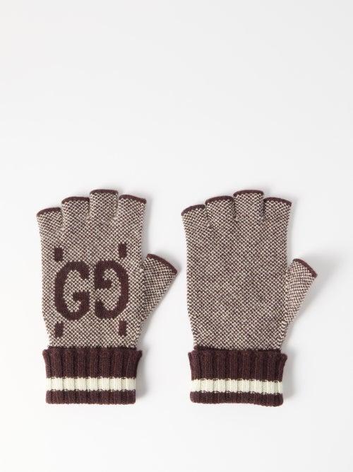 Gucci - Gg-logo Fingerless Wool Gloves - Mens - Burgundy Multi