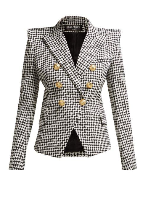 Matchesfashion.com Balmain - Double Breasted Houndstooth Cotton Blend Blazer - Womens - Black White