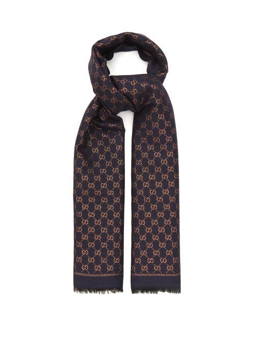 Gucci - Gg Logo-jacquard Wool-blend Scarf - Womens - Navy