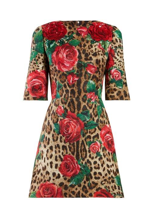 Matchesfashion.com Dolce & Gabbana - Rose And Leopard Print Metallic Cloqu Mini Dress - Womens - Multi