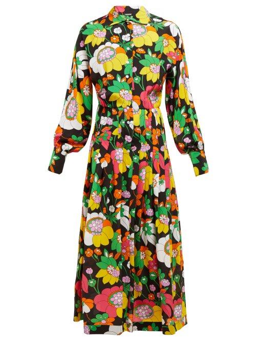 Matchesfashion.com Dodo Bar Or - Anabelle Floral Print Silk Midi Shirtdress - Womens - Black Multi