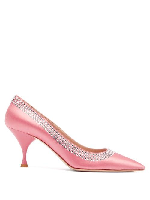 Matchesfashion.com Miu Miu - Crystal Embellished Point Toe Satin Pumps - Womens - Light Pink