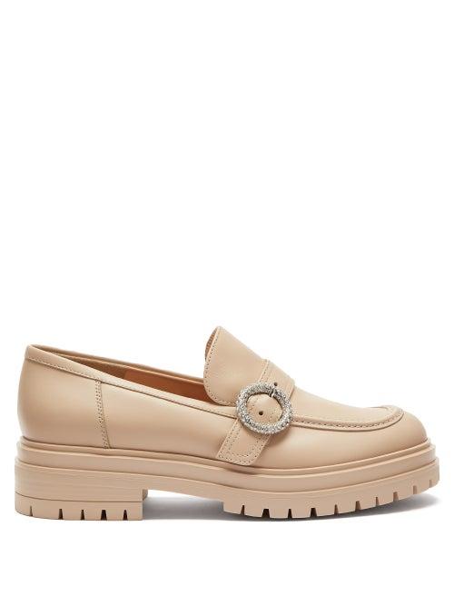 Ladies Shoes Gianvito Rossi - Crystal-buckle Leather Loafers - Womens - Beige