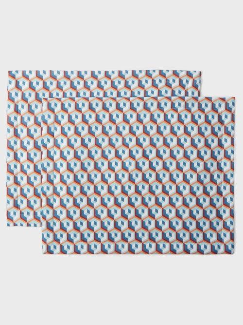 La Doublej - Set Of Two Cubi-print Linen Placemats - Womens - Blue Multi