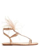 Matchesfashion.com Aquazzura - Ponza Feather Embellished Leather Sandals - Womens - Nude
