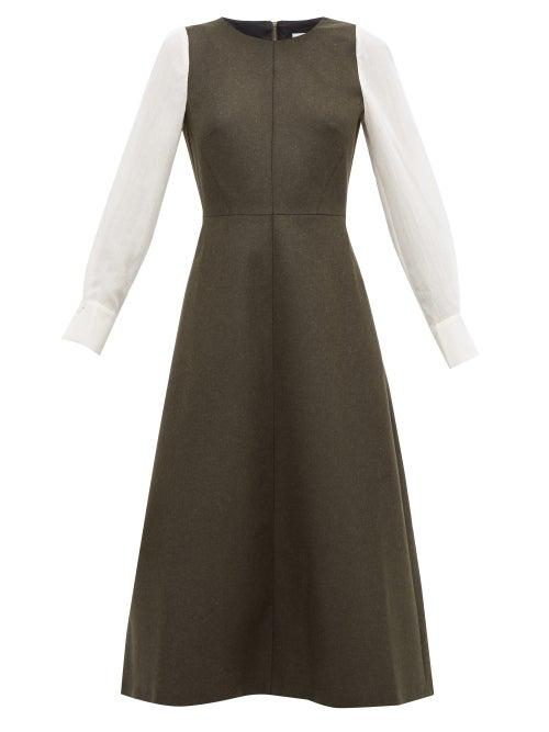 Matchesfashion.com Cefinn - Contrast Sleeve Felted Wool Blend A Line Dress - Womens - Khaki Multi