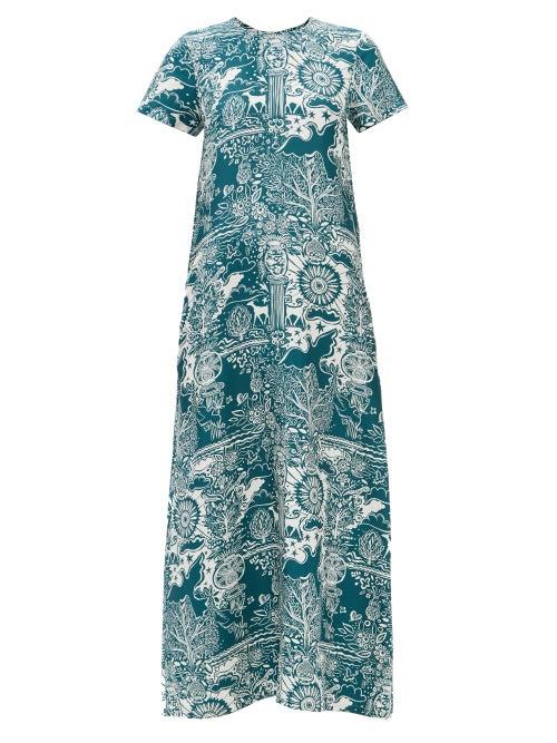 La Doublej - Swing Bird-print Twill Midi Dress - Womens - Blue Multi