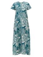 La Doublej - Swing Bird-print Twill Midi Dress - Womens - Blue Multi