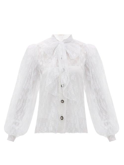 Matchesfashion.com Christopher Kane - Pussy Bow Floral Chantilly Lace Blouse - Womens - White