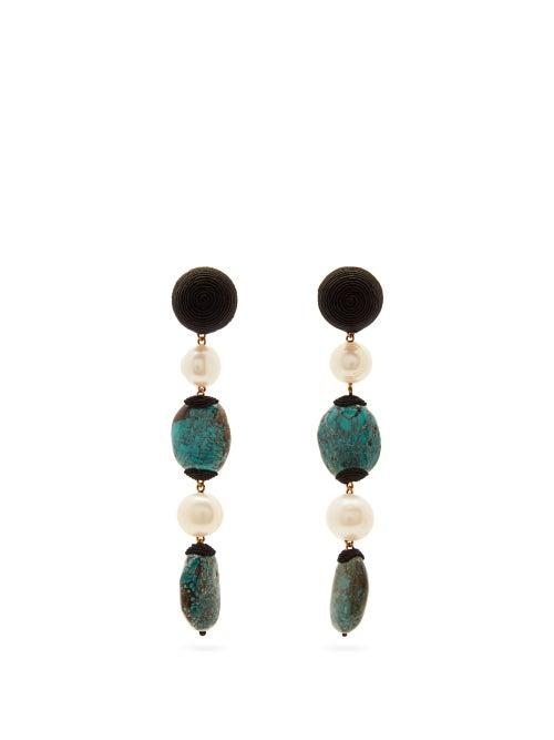 Matchesfashion.com Rebecca De Ravenel - Long Treasures Turquoise Drop Clip Earrings - Womens - Blue