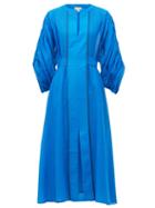 Matchesfashion.com Zeus + Dione - Rhea Ruched-sleeve Cotton-blend Dress - Womens - Blue