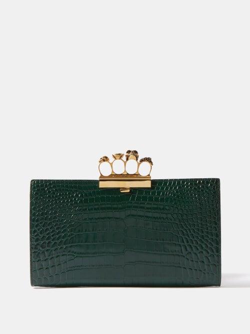 Alexander Mcqueen - Skull Four-ring Crocodile-effect Leather Clutch - Womens - Green
