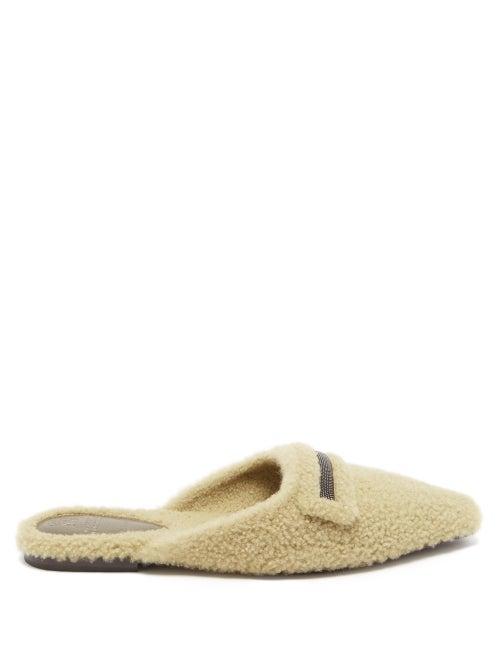Brunello Cucinelli - Monili-trim Shearling Backless Loafers - Womens - Green