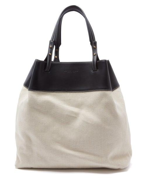 Matchesfashion.com Bottega Veneta - Quad Leather Trimmed Canvas Tote Bag - Womens - Cream Multi