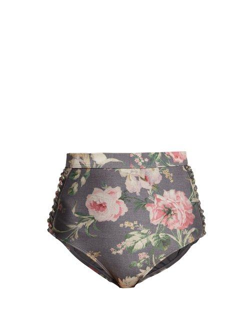 Matchesfashion.com Zimmermann - Iris Floral Print High Rise Bikini Briefs - Womens - Charcoal Print