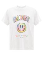 Ladies Rtw Ganni - Smiley Face-print Organic-cotton Jersey T-shirt - Womens - White Multi