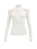 Balmain - Buttoned Rib-knitted Roll-neck Sweater - Womens - White