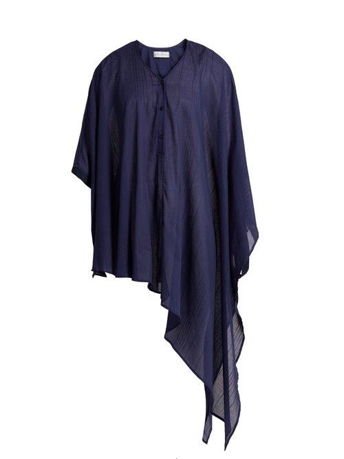 Matchesfashion.com Palmer//harding - Ribbon Trim Asymmetric Hem Shirt - Womens - Navy