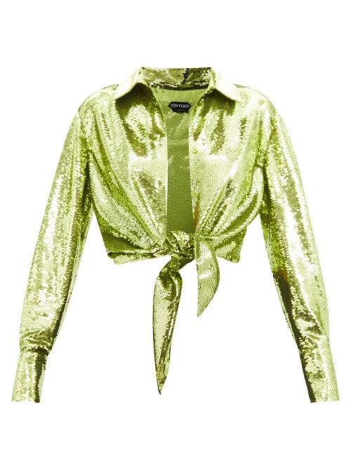 Tom Ford - Liquid Sequins Waist-tie Top - Womens - Green