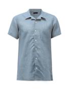 Matchesfashion.com Thom Sweeney - Cuban-collar Linen-chambray Shirt - Mens - Light Blue