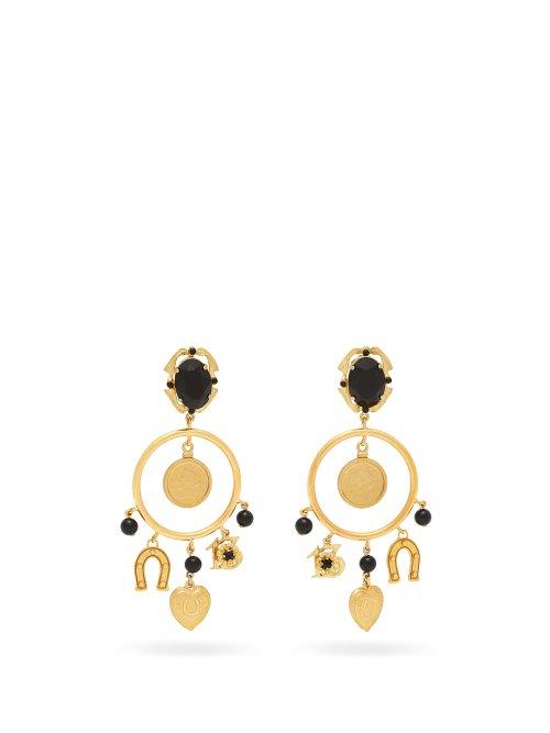 Matchesfashion.com Dolce & Gabbana - Faux Onyx Hoop And Charm Earrings - Womens - Gold