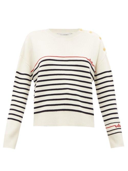 Matchesfashion.com Valentino - Beaded-logo Striped Wool Sweater - Womens - Ivory Multi