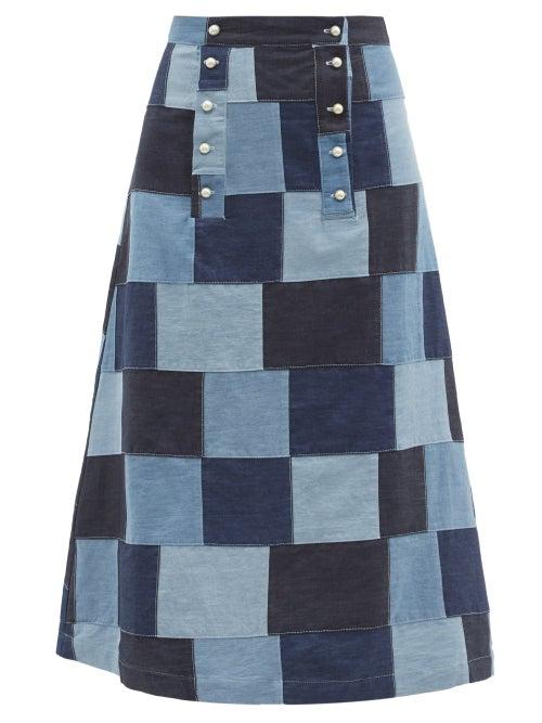 Matchesfashion.com Batsheva - Suffragette High-rise Patchwork-denim Skirt - Womens - Mid Denim