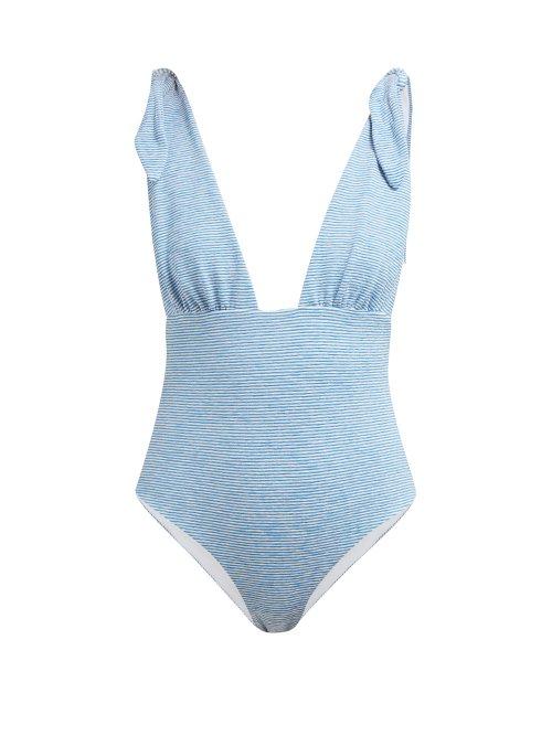 Matchesfashion.com Mara Hoffman - Daphne Tie Shoulder Striped Swimsuit - Womens - Blue White