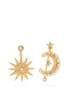 Matchesfashion.com Oscar De La Renta - Moon And Star Pav Crystal Mismatched Earrings - Womens - Gold