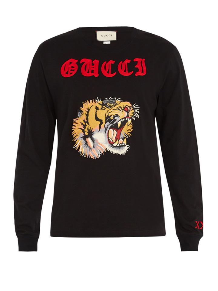 Gucci Tiger-appliqu Long-sleeved Cotton T-shirt