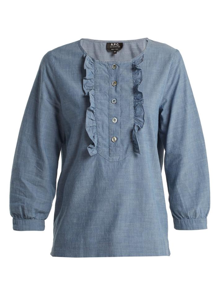 A.p.c. Clo Ruffle-front Chambray Cotton Blouse