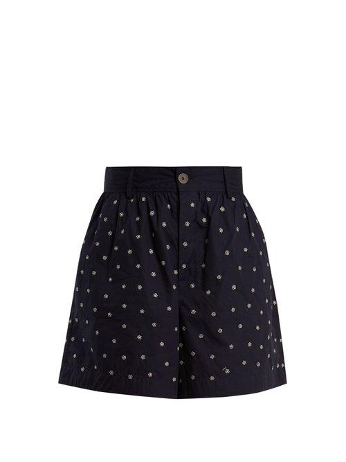 Matchesfashion.com Jupe By Jackie - Elbrus High Rise Floral Embroidered Cotton Shorts - Womens - Navy White