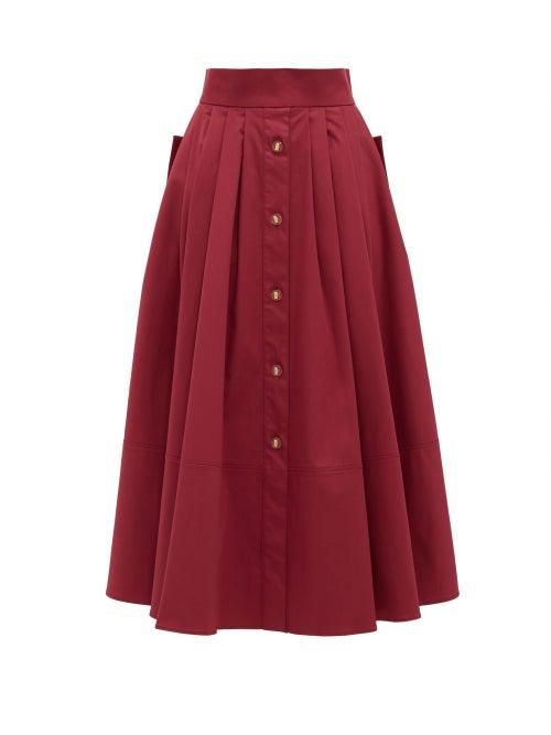 Matchesfashion.com Franoise - Pleated Cotton-blend Midi Skirt - Womens - Burgundy