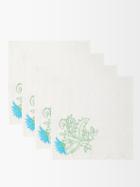 Sensi Studio - Set Of Four Embroidered Linen Napkins - Womens - Cream Blue