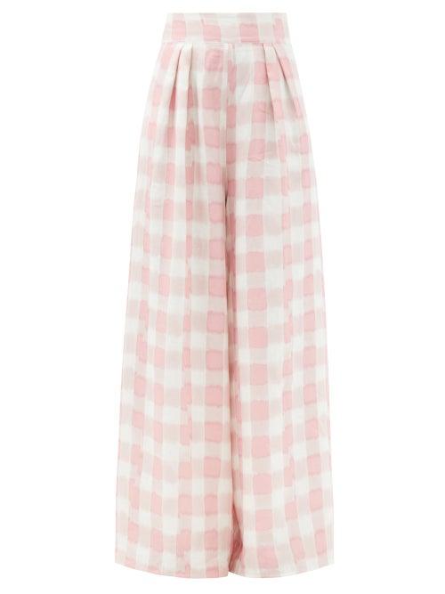 Ladies Rtw Marta Ferri - Gingham-check Linen-voile Palazzo Trousers - Womens - Pink White
