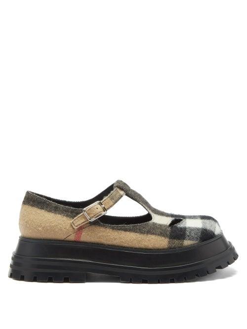 Matchesfashion.com Burberry - Aldwych Vintage-check Felt T-bar Flats - Womens - Beige Multi