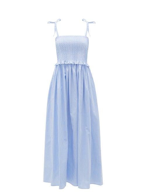 Matchesfashion.com Loretta Caponi - Luisa Smocked Gingham Cotton Dress - Womens - Blue Print