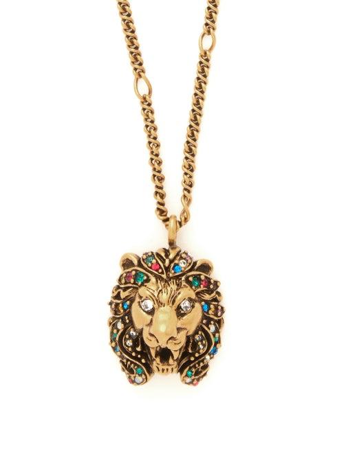Matchesfashion.com Gucci - Lion Crystal Embellished Pendant Necklace - Womens - Gold