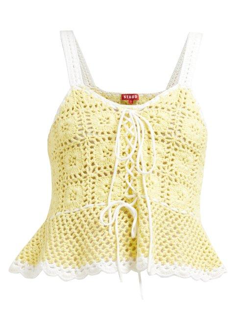 Matchesfashion.com Staud - Shrimp Lace Up Peplum Crochet Cotton Top - Womens - Yellow