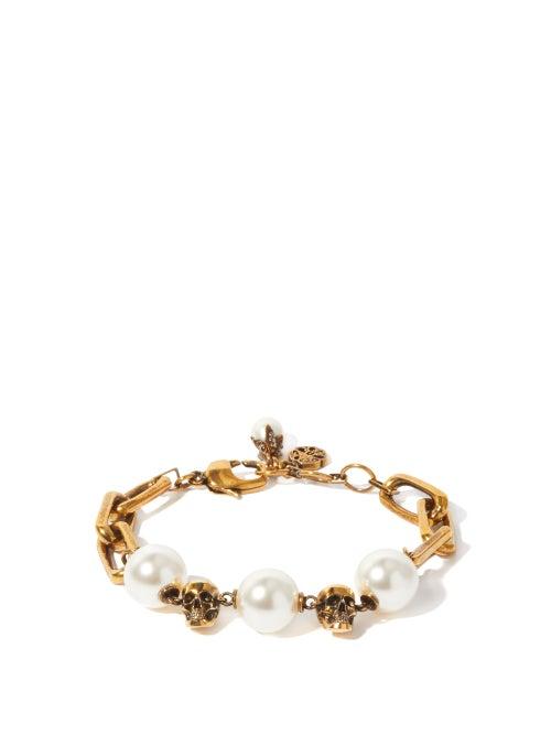 Matchesfashion.com Alexander Mcqueen - Skull And Faux Pearl-embellished Chain Bracelet - Womens - Pearl