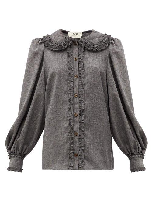 Matchesfashion.com Fendi - Ruffled Trim Wool Flannel Shirt - Womens - Dark Grey