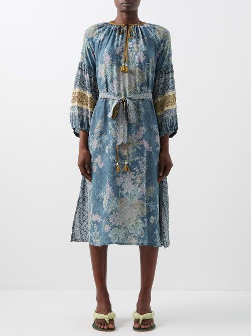 D'ascoli - Java Floral-print Silk-crepe Midi Dress - Womens - Blue Print