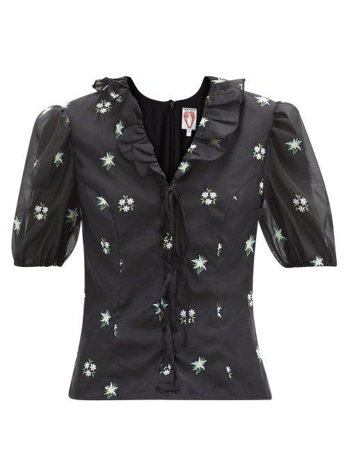 Matchesfashion.com Shrimps - Levi Lace-up Floral-embroidered Silk Blouse - Womens - Black Multi